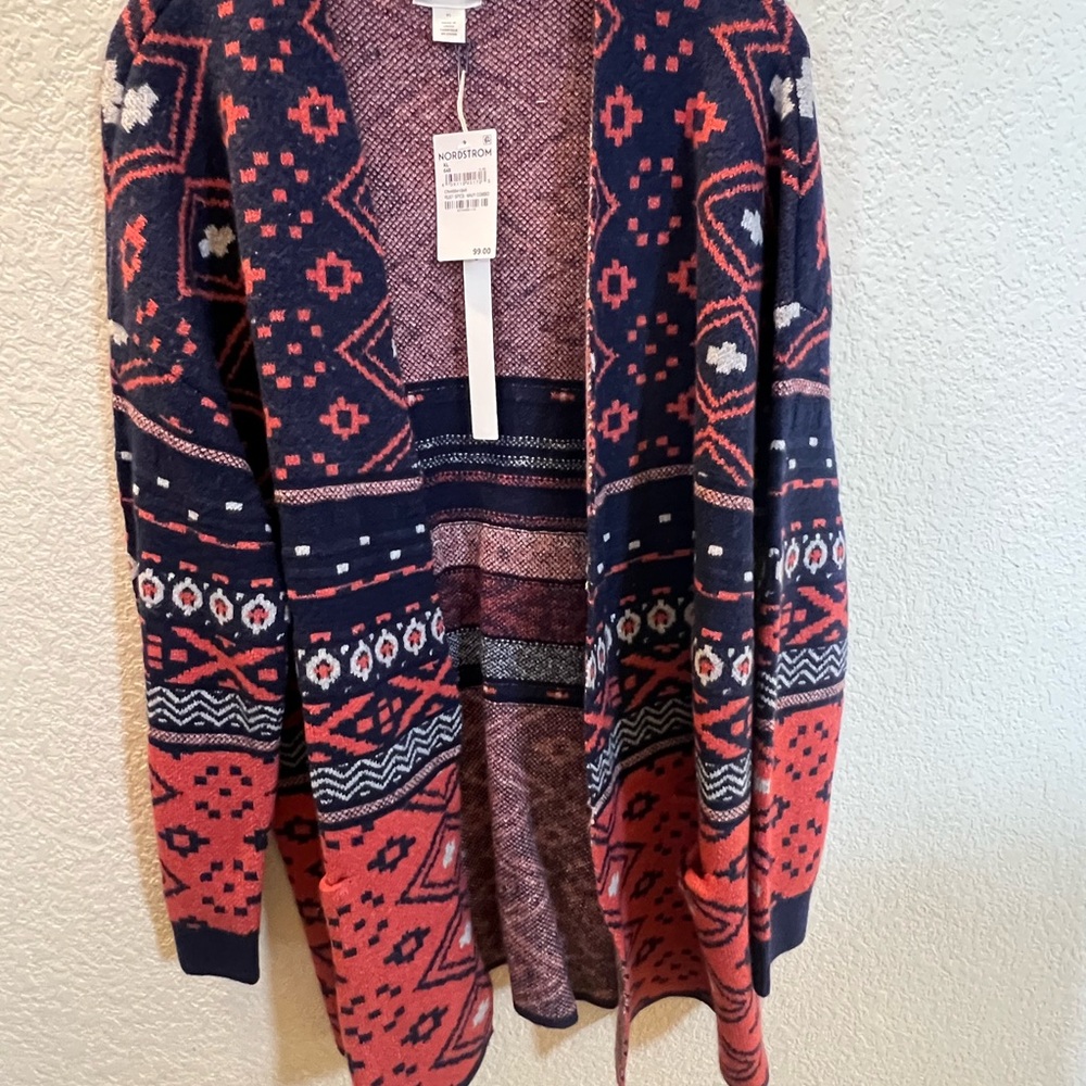 Geometric Patterned Sweater - Navy and Orange